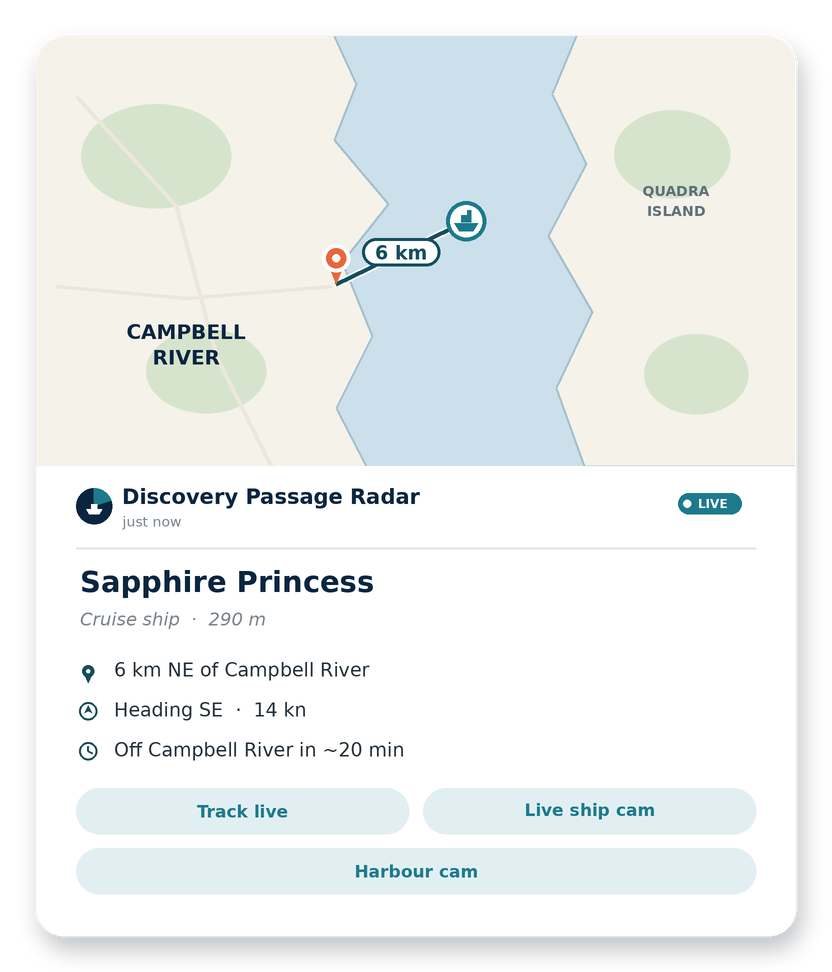 Example Discovery Passage Radar alert: Sapphire Princess, 6 km NE of Campbell River, heading SE at 14 knots