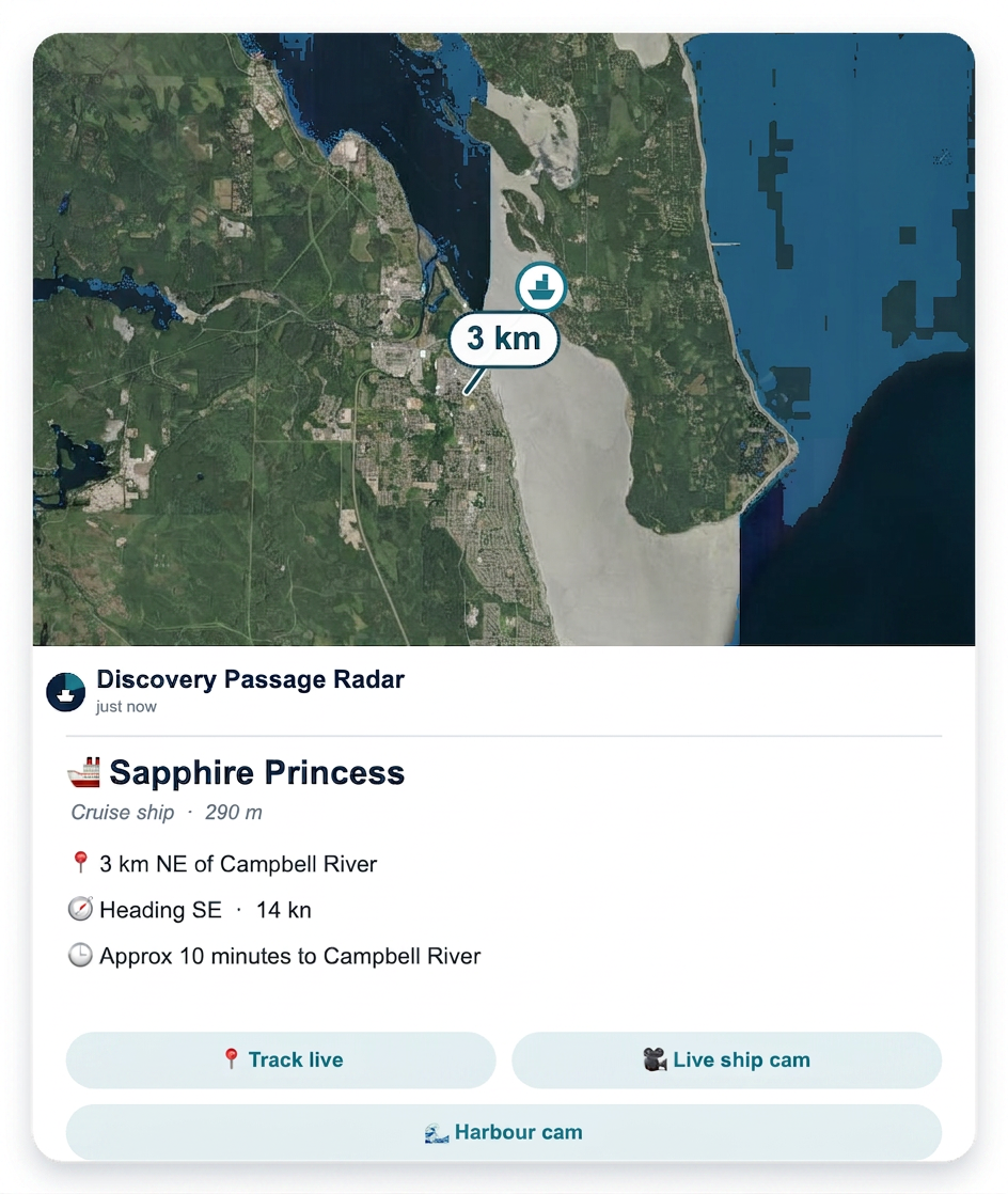 Example Discovery Passage Radar alert: Sapphire Princess, 6 km NE of Campbell River, heading SE at 14 knots
