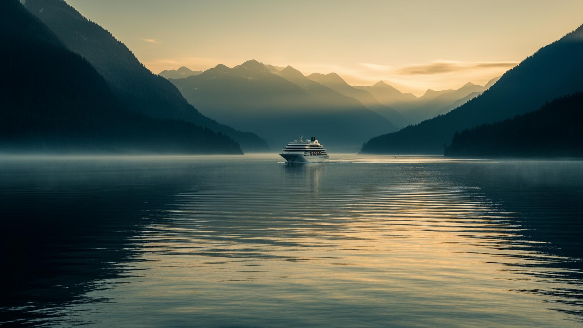 Cruise ship gliding through Discovery Passage near Campbell River at golden hour